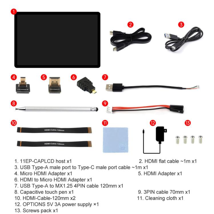 Waveshare 11EP-CAPLCD 11inch Capacitive Touch Display 1920×1200 Resolution, 10-Point Touch, EU Plug, UK Plug, US Plug