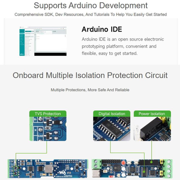 WAVESHARE ESP32-S3 Control Board With RS485 And CAN Communication Interfaces, Supports Wi-Fi / Bluetooth, Built-In Multiple Protection Circuits, External Antenna, Onboard Antenna