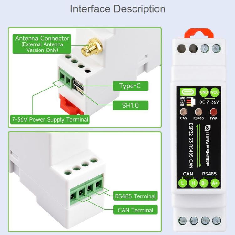 WAVESHARE ESP32-S3 Control Board With RS485 And CAN Communication Interfaces, Supports Wi-Fi / Bluetooth, Built-In Multiple Protection Circuits, External Antenna, Onboard Antenna