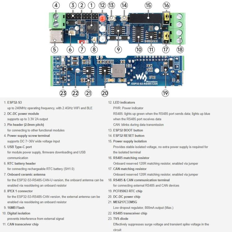 WAVESHARE ESP32-S3 Control Board With RS485 And CAN Communication Interfaces, Supports Wi-Fi / Bluetooth, Built-In Multiple Protection Circuits, External Antenna, Onboard Antenna