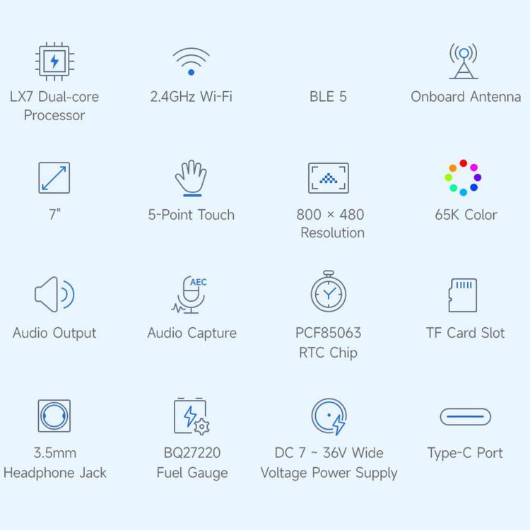 WAVESHARE ESP32-S3 7 Inch AI Voice Touch Display Development Board, 800 × 480 Resolution, 5-Point Touch, IPS Display Panel, Supports 2.4GHz Wi-Fi & BLE 5, 34894