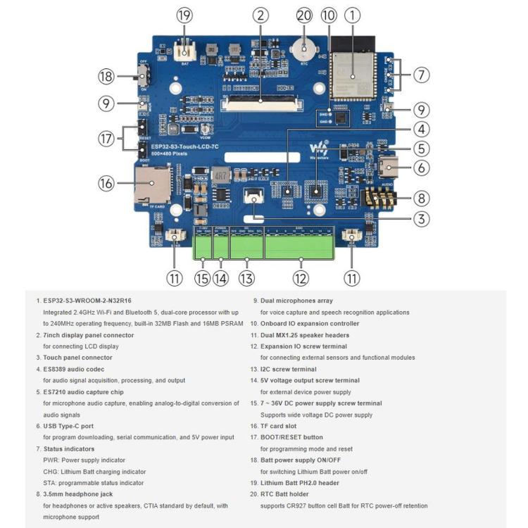 WAVESHARE ESP32-S3 7 Inch AI Voice Touch Display Development Board, 800 × 480 Resolution, 5-Point Touch, IPS Display Panel, Supports 2.4GHz Wi-Fi & BLE 5, 34894