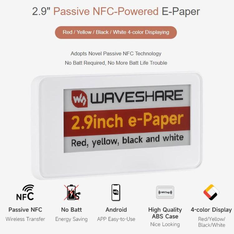 WAVESHARE 2.9 Inch Passive NFC-Powered E-Paper (G), Red / Yellow / Black / White 4-Color Displaying, Wireless Powering & Refreshing, 34751