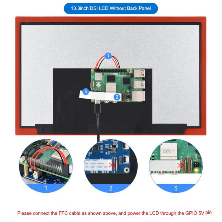 WAVESHARE 13.3 inch High Resolution DSI Capacitive Touch Display, 1920 × 1080, IPS, Toughened Glass Panel, DSI Interface, 10-Point Touch, Without Back Panel, With Back Panel