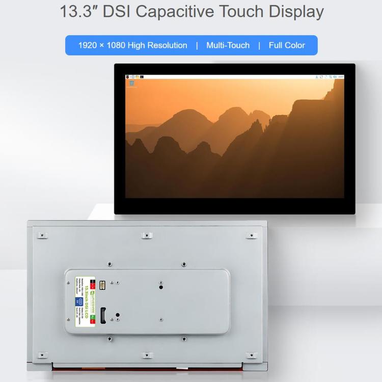 WAVESHARE 13.3 inch High Resolution DSI Capacitive Touch Display, 1920 × 1080, IPS, Toughened Glass Panel, DSI Interface, 10-Point Touch, Without Back Panel, With Back Panel
