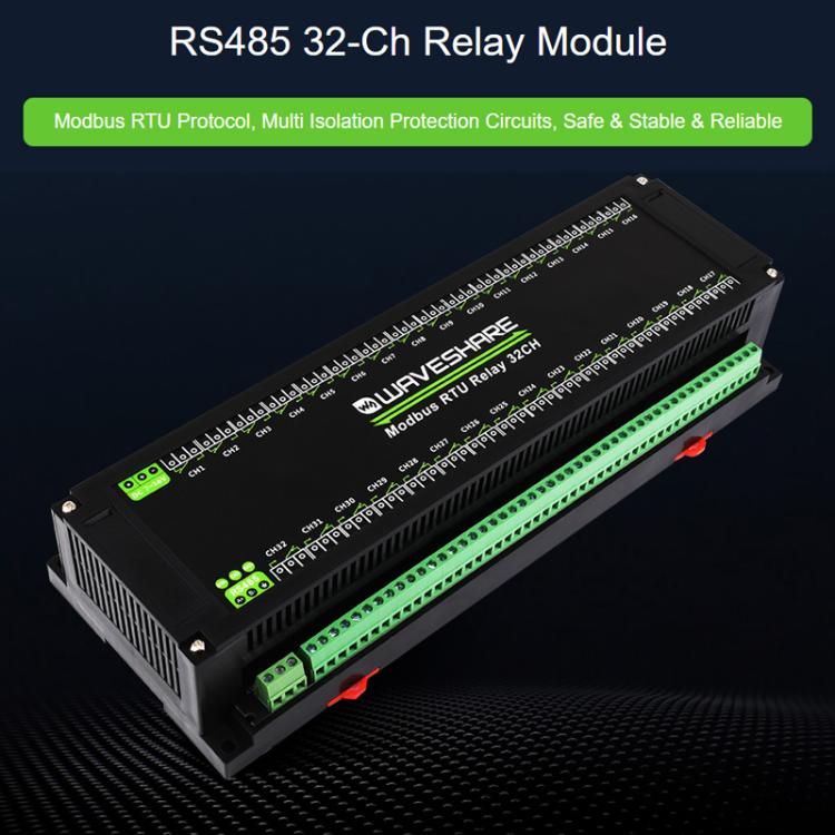 Waveshare Modbus RTU 32-Ch Relay Module RS485 Interface With Multiple Isolation Protection Circuits, 25140