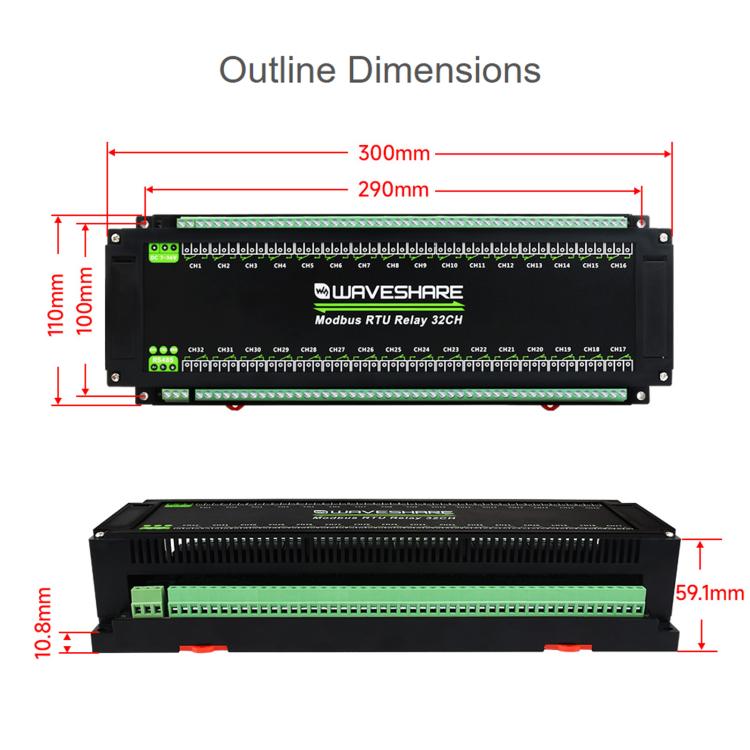 Waveshare Modbus RTU 32-Ch Relay Module RS485 Interface With Multiple Isolation Protection Circuits, 25140