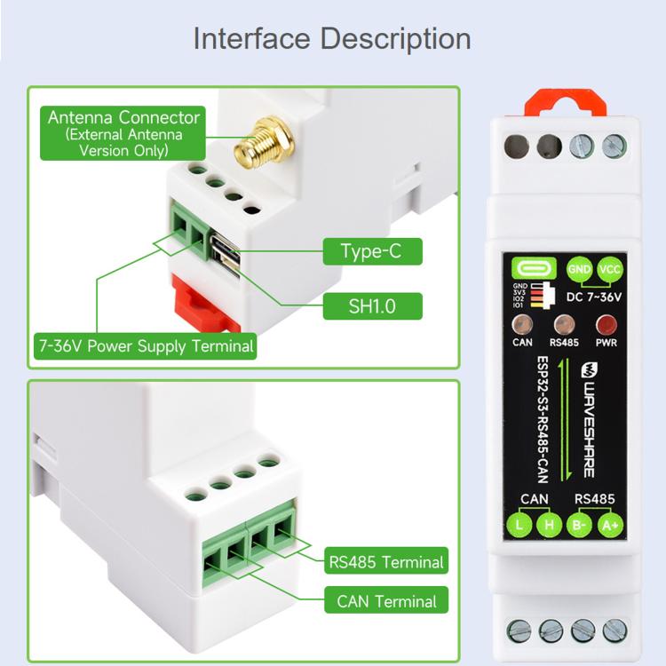 Waveshare Industrial ESP32-S3 Control Board With RS485 And CAN Communication Interfaces, External Antenna, Onboard Antenna