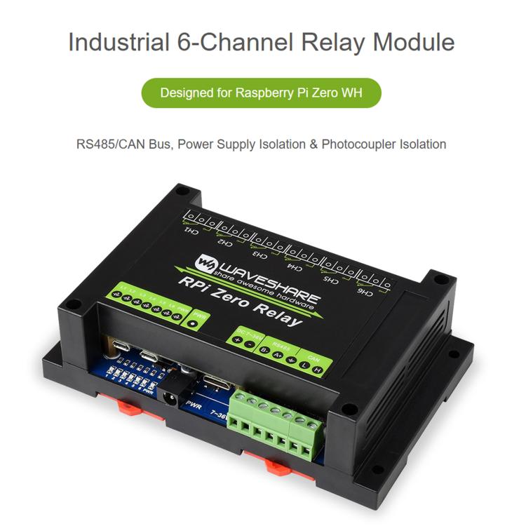 Waveshare Industrial 6-Ch Relay Module For Raspberry Pi Zero RS485/CAN, Isolated Protections, EU Plug, US Plug