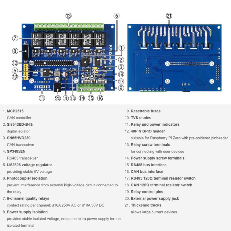 Waveshare Industrial 6-Ch Relay Module For Raspberry Pi Zero RS485/CAN, Isolated Protections, EU Plug, US Plug