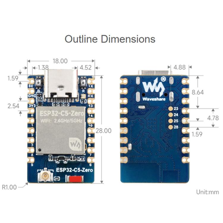 Waveshare ESP32-C5-Zero Mini Development Board With RISC-V 32-Bit Processor, No Pin Header, Pin Header Soldering