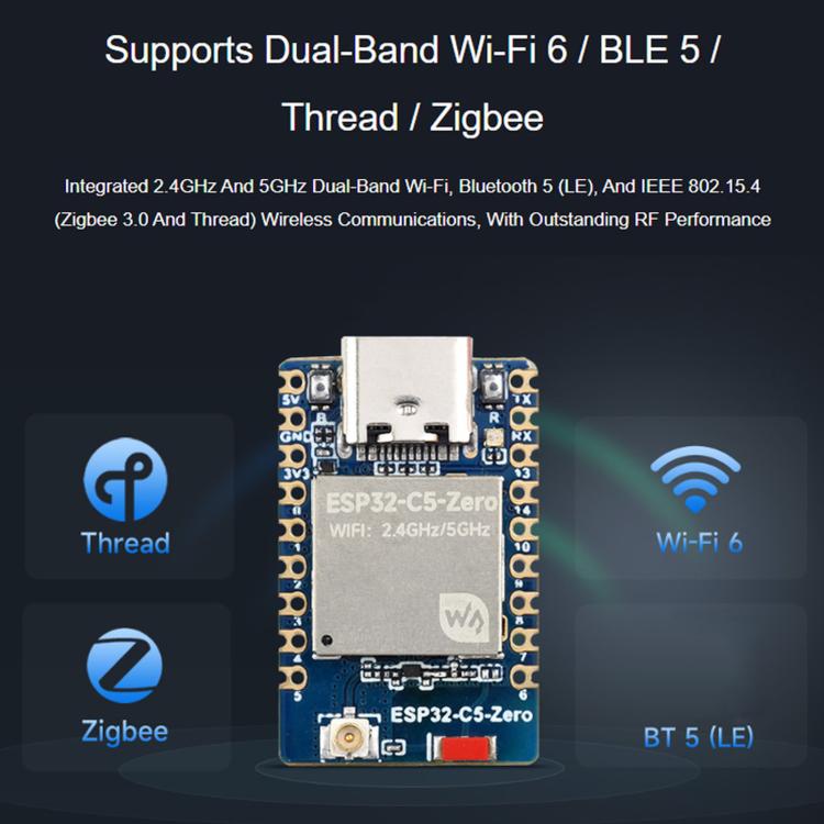 Waveshare ESP32-C5-Zero Mini Development Board With RISC-V 32-Bit Processor, No Pin Header, Pin Header Soldering