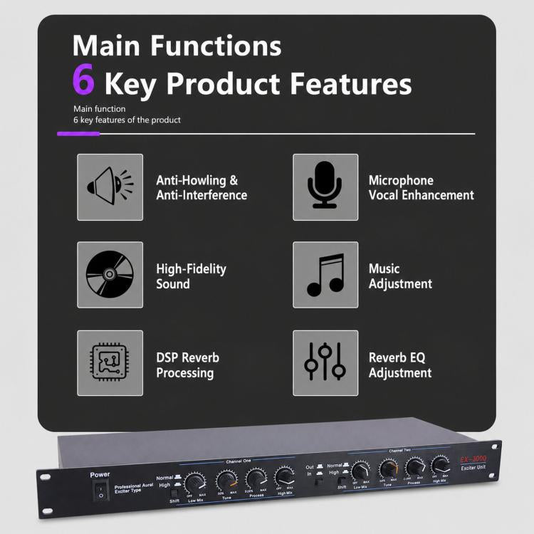 Professional Aural Exciter Dual-Channel 1U Rackmount Audio Processor With DSP Reverb, EU Plug, EX3000