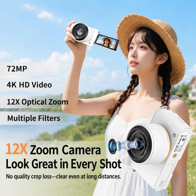 4K 72MP 12X Optical Zoom Digital Camera With 3.0-Inch Flip Screen And WiFi Beginner Vlogging Camera