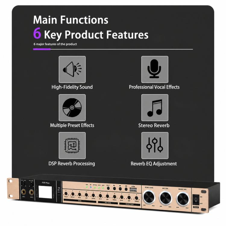 FX9plus Digital Karaoke Pre-Amplifier With Bluetooth USB DSP Reverb Effect Processor, EU Plug, US Plug, UK Plug