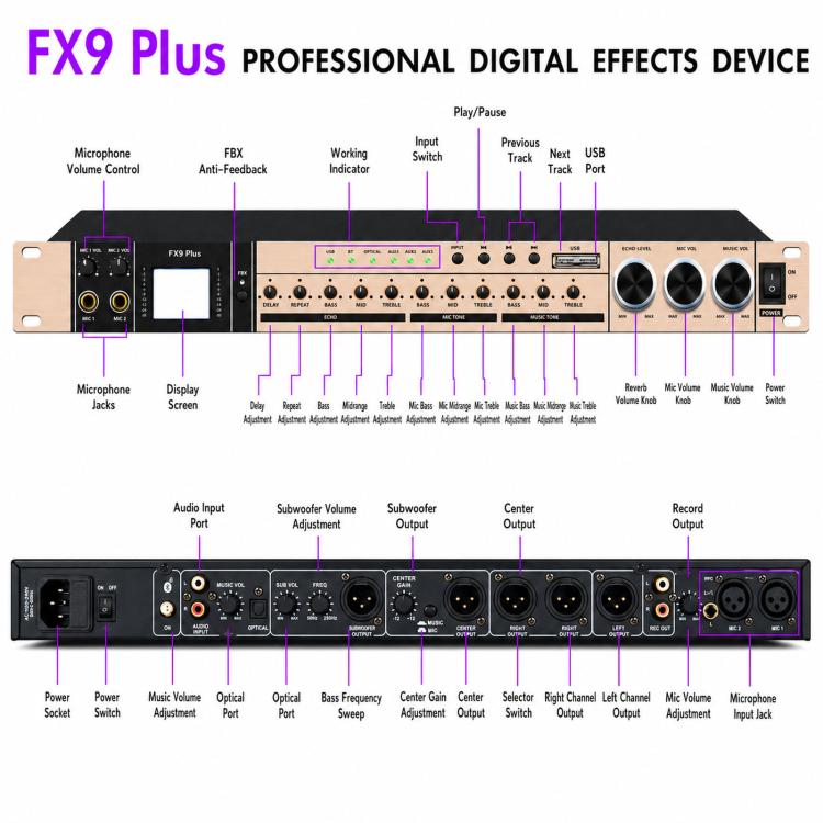 FX9plus Digital Karaoke Pre-Amplifier With Bluetooth USB DSP Reverb Effect Processor, EU Plug, US Plug, UK Plug