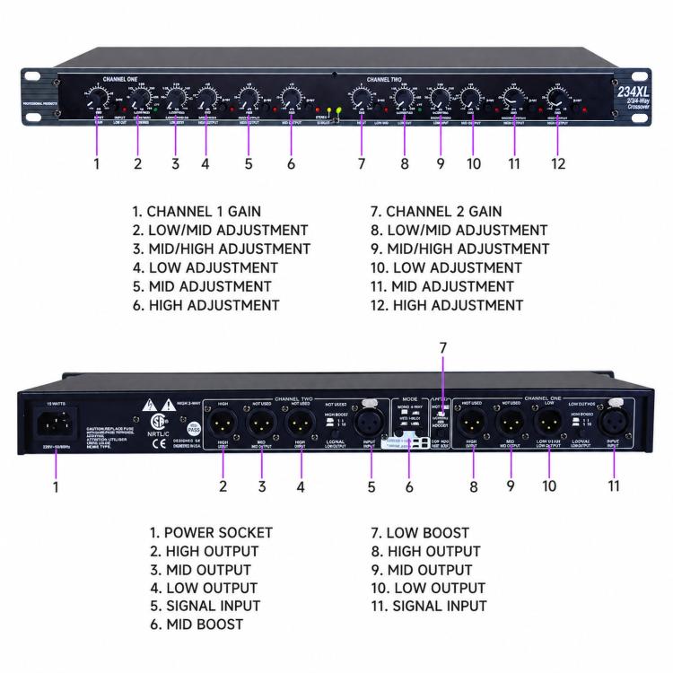 234XL Audio Crossover 2/3/4-Way Stereo Mono Rackmount Active Divider For Speaker System, EU Plug, US Plug, UK Plug