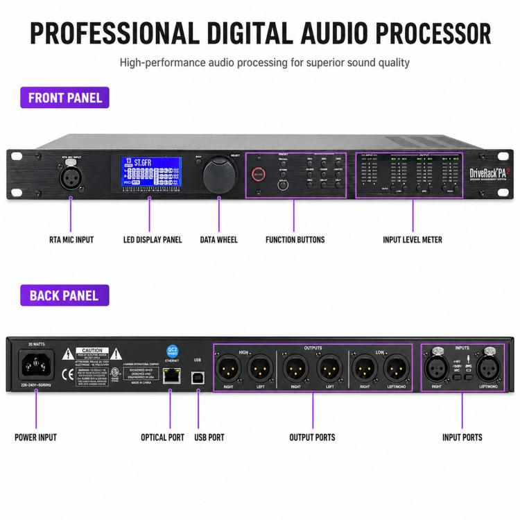 PA2 Digital Audio Processor Speaker Management System 2 Input 6 Output Crossover DSP, EU Plug, US Plug, UK Plug