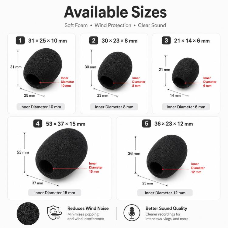 Microphone Foam Cover Universal Headset Lapel Lavalier Mic Windscreen Sponge Pop Filter, 25x20x6mm, 30x23x8mm, 31x25x10mm, 36x23x12mm, 45x35x15mm