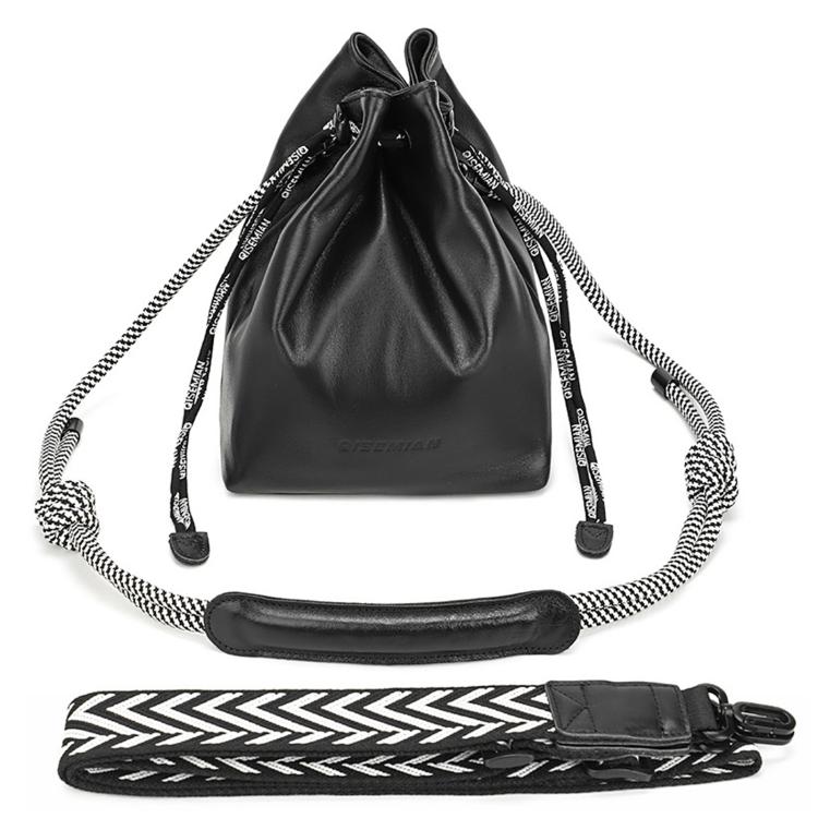 QISEMIAN Drawstring Camera Insert Bag PU Leather Crossbody Case With Dual Straps, XK112 Black, XK112 Brown, XK114 Black, XK114 Brown