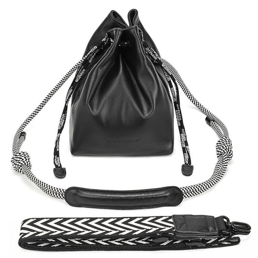 QISEMIAN Drawstring Camera Insert Bag PU Leather Crossbody Case With Dual Straps, XK112 Black, XK112 Brown, XK114 Black, XK114 Brown
