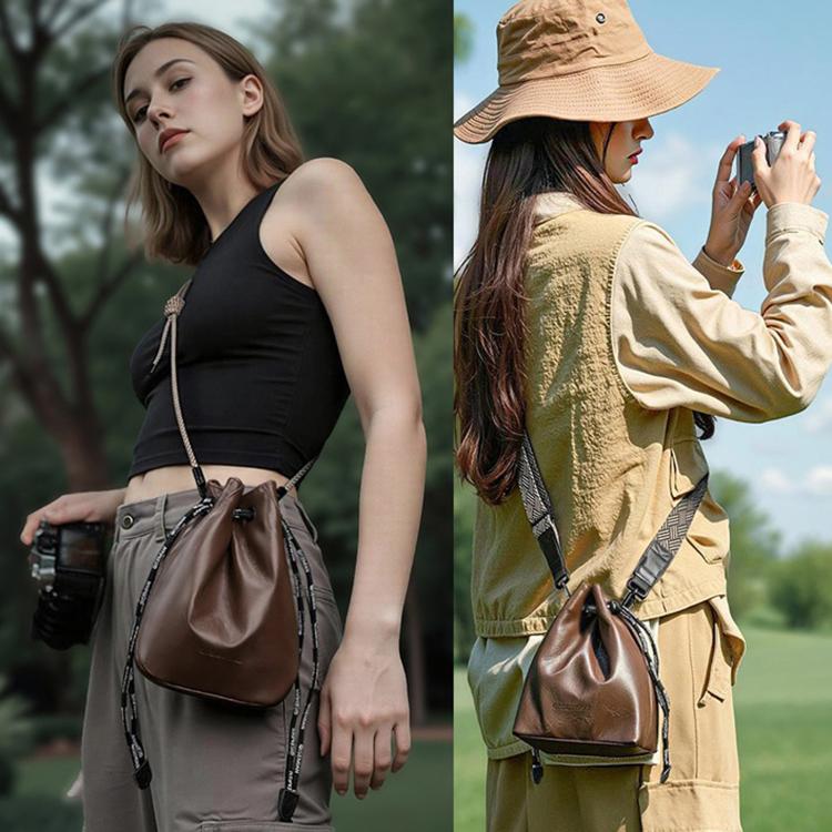QISEMIAN Drawstring Camera Insert Bag PU Leather Crossbody Case With Dual Straps, XK112 Black, XK112 Brown, XK114 Black, XK114 Brown
