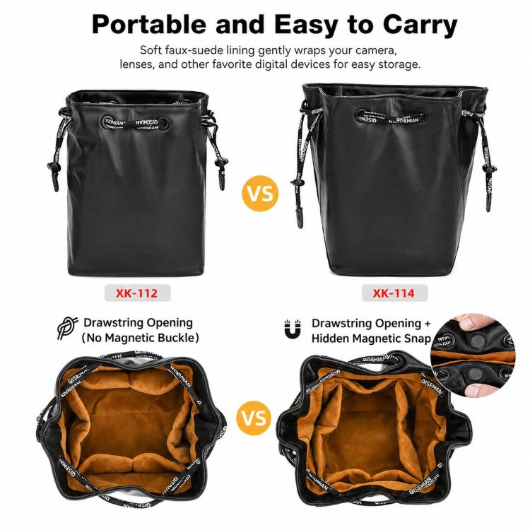 QISEMIAN Drawstring Camera Insert Bag PU Leather Crossbody Case With Dual Straps, XK112 Black, XK112 Brown, XK114 Black, XK114 Brown