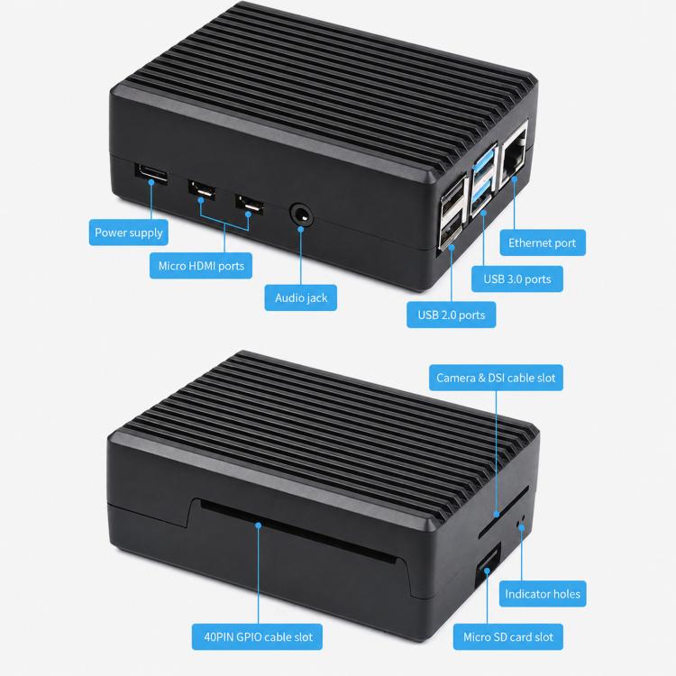 Waveshare 21176 Aluminum Stripe Grooved Case For Raspberry Pi 4, 21176