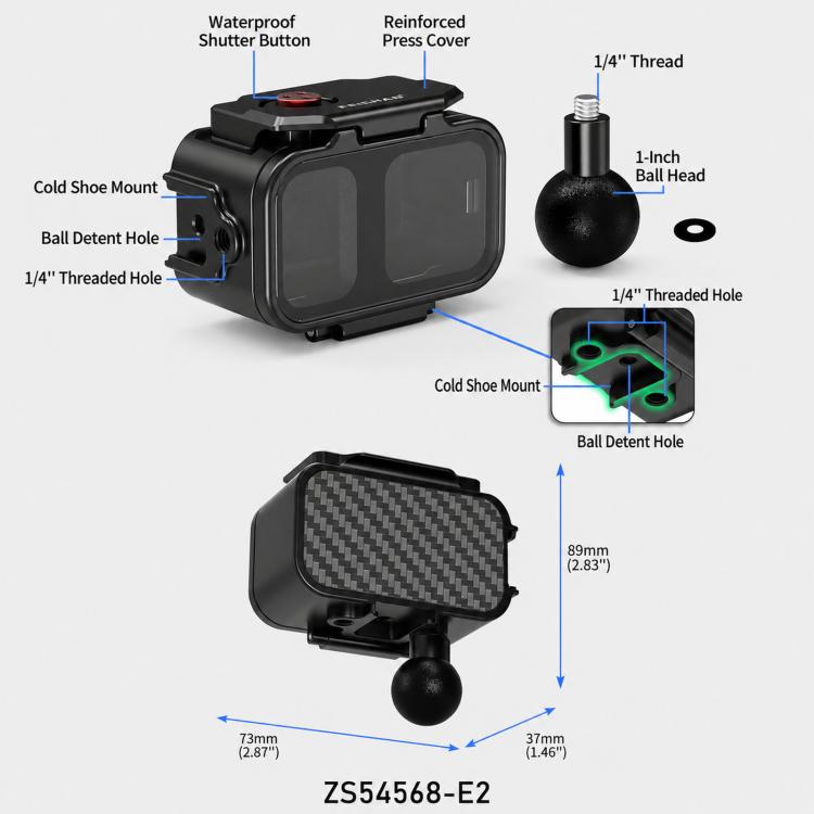 For DJI OSMO Nano FEICHAO 80M Waterproof Housing Case Aluminum Diving Shell, 1 inch Ball Head, Dual-Card Quick-Release, 1/4 inch Threaded