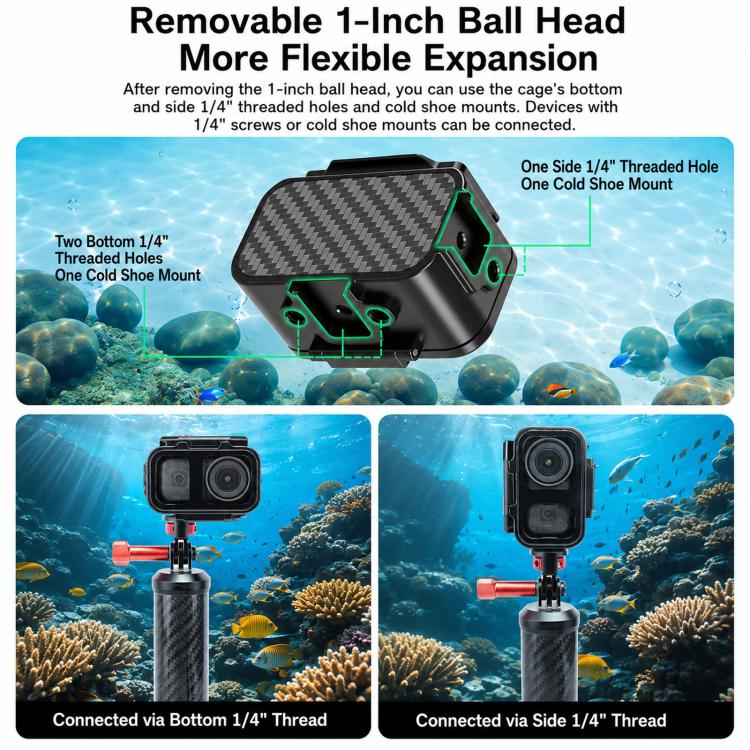 For DJI OSMO Nano FEICHAO 80M Waterproof Housing Case Aluminum Diving Shell, 1 inch Ball Head, Dual-Card Quick-Release, 1/4 inch Threaded