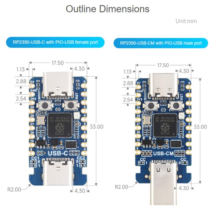Waveshare RP2350-USB-CM Mini Dual-Core Development Board For Raspberry Pi, PIO-USB Female, PIO-USB Male