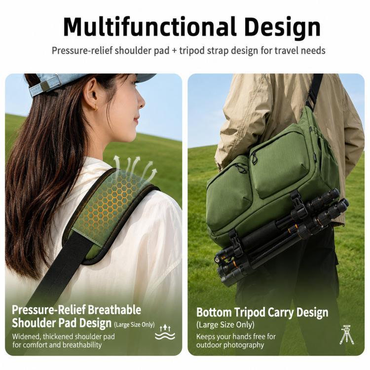 Cwatcun D336 Waterproof Camera Shoulder Bag Crossbody Sling Case For DSLR Mirrorless Camera and Lens, Small Green, Large Green