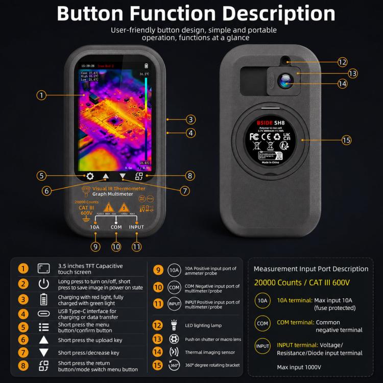BSIDE SH8 Thermal Imaging Multimeter 2 In 1 Touchscreen HD Infrared Thermometer, SH8