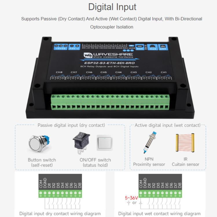 Waveshare ESP32-S3 Industrial Control Board With 8-Channel Wi-Fi Network Relays, Standard Network Port, PoE Port