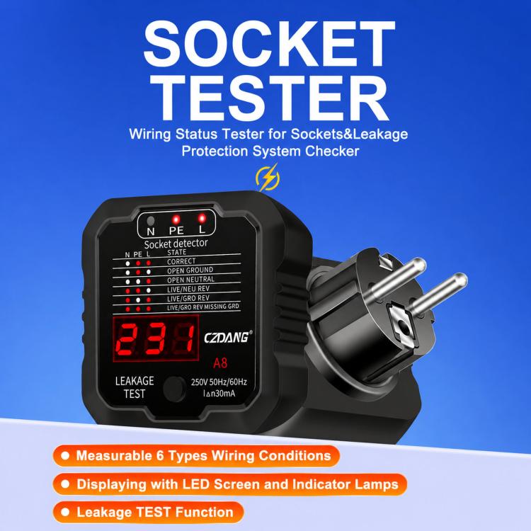 CZDANG A8 Socket Leakage Tester Ground Neutral Live Wire Polarity Detector, EU Plug, UK Plug, US Plug