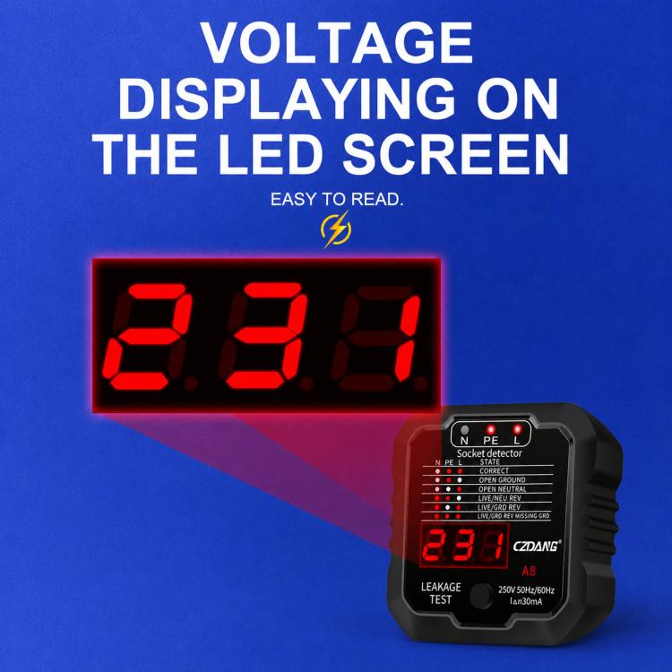 CZDANG A8 Socket Leakage Tester Ground Neutral Live Wire Polarity Detector, EU Plug, UK Plug, US Plug