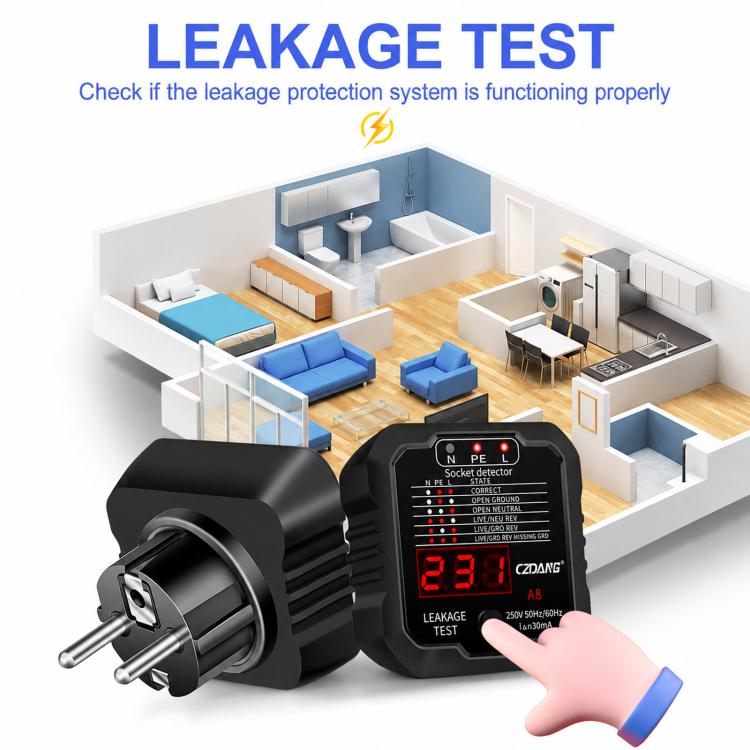 CZDANG A8 Socket Leakage Tester Ground Neutral Live Wire Polarity Detector, EU Plug, UK Plug, US Plug