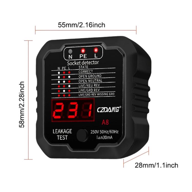 CZDANG A8 Socket Leakage Tester Ground Neutral Live Wire Polarity Detector, EU Plug, UK Plug, US Plug