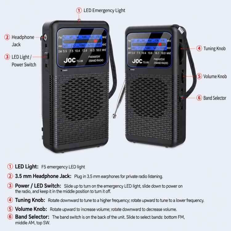 JOC TG-88 FM/AM/SW Full Channel Portable Radio With Flashlight, JOC TG-88