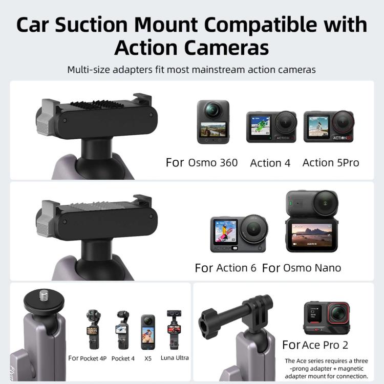 Flymile Car Suction Cup Bracket Adapter Expansion Accessories, For DJI Osmo Action 3 / 4 / 5 Pro, For DJI Osmo Action 6 / Nano