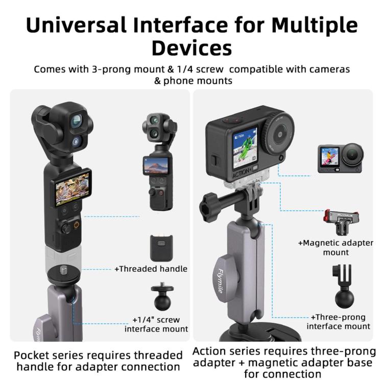 Flymile Car Suction Cup Bracket Adapter Expansion Accessories, For DJI Osmo Action 3 / 4 / 5 Pro, For DJI Osmo Action 6 / Nano