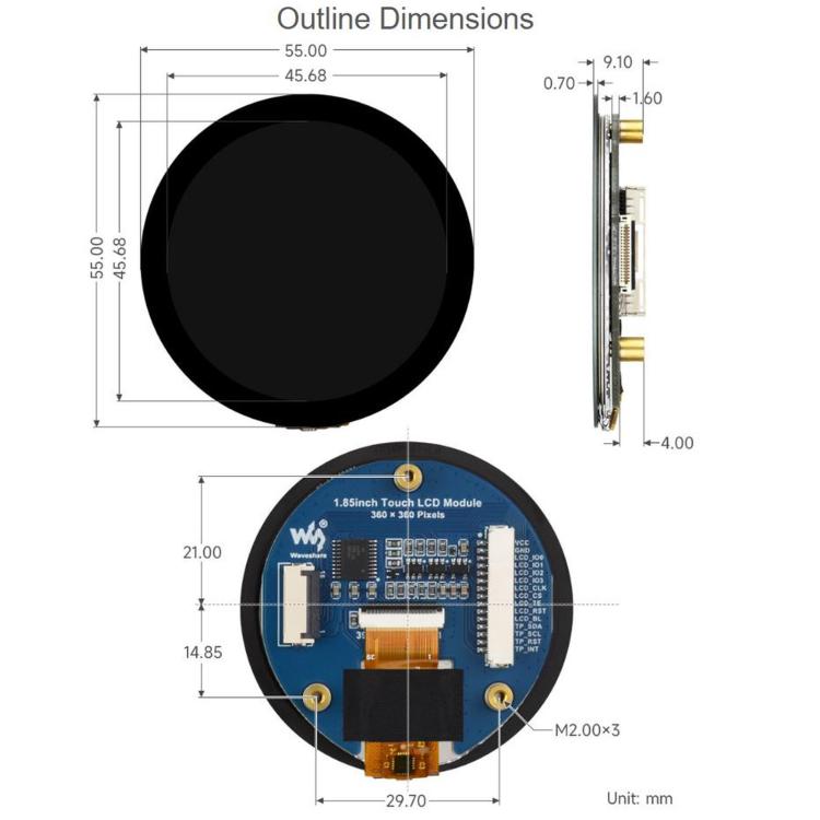 1.85 inch Touch LCD Display Module, 360 x 360 Resolution, 262K Color, QSPI And I2C Communication, Built-in ST77916 Display Driver Chip And CST816S Touch Control Chip, 35079
