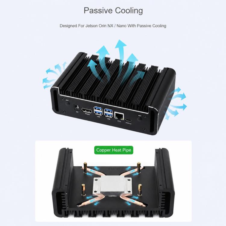 WAVESHARE For Jetson Orin Nano / NX Aluminum Alloy Passive Cooling Case Onboard Power Button With Indicator, 34964