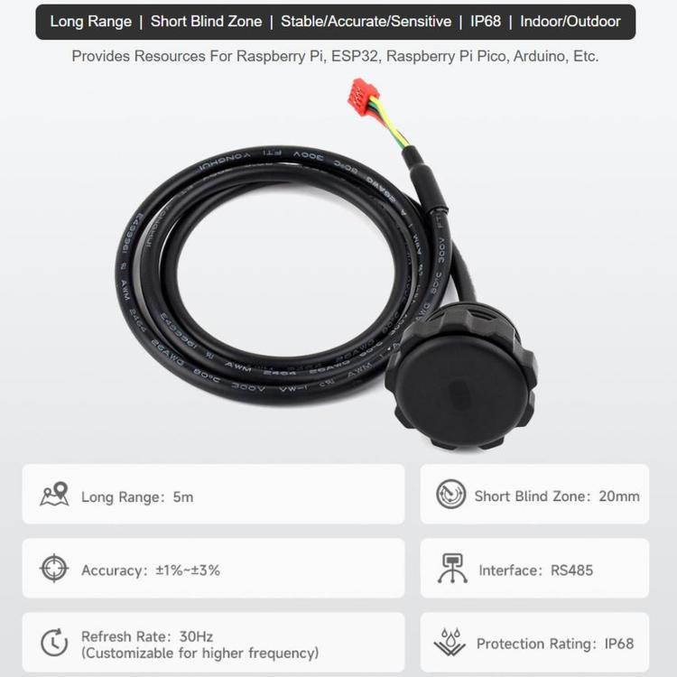 WAVESHARE TOF MINIS Laser Range Sensor, Based On Time-of-Flight (TOF) Technology, Built-in Controller And Ranging Algorithm, RS485 Communication Support, 35108