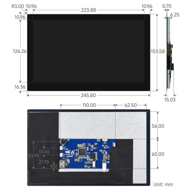WAVESHARE 10.1 Inch QLED Quantum Dot Display Type B, 1280 x 720 Resolution, G+G Toughened Glass Panel, EU Plug, UK Plug, US Plug