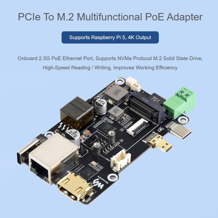 WAVESHARE PCIe To M.2 Multifunctional Adapter, 4K Output, Original RTL8125 2.5GbE Ethernet Controller, Supports For Raspberry Pi OS, 35254