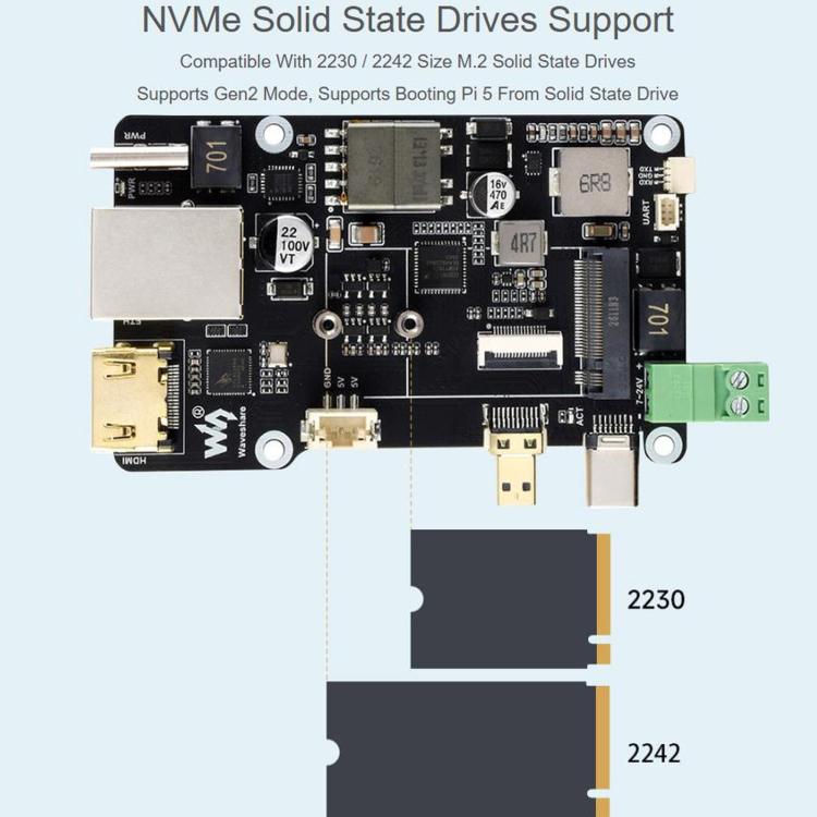 WAVESHARE PCIe To M.2 Multifunctional Adapter, 4K Output, Original RTL8125 2.5GbE Ethernet Controller, Supports For Raspberry Pi OS, 35254