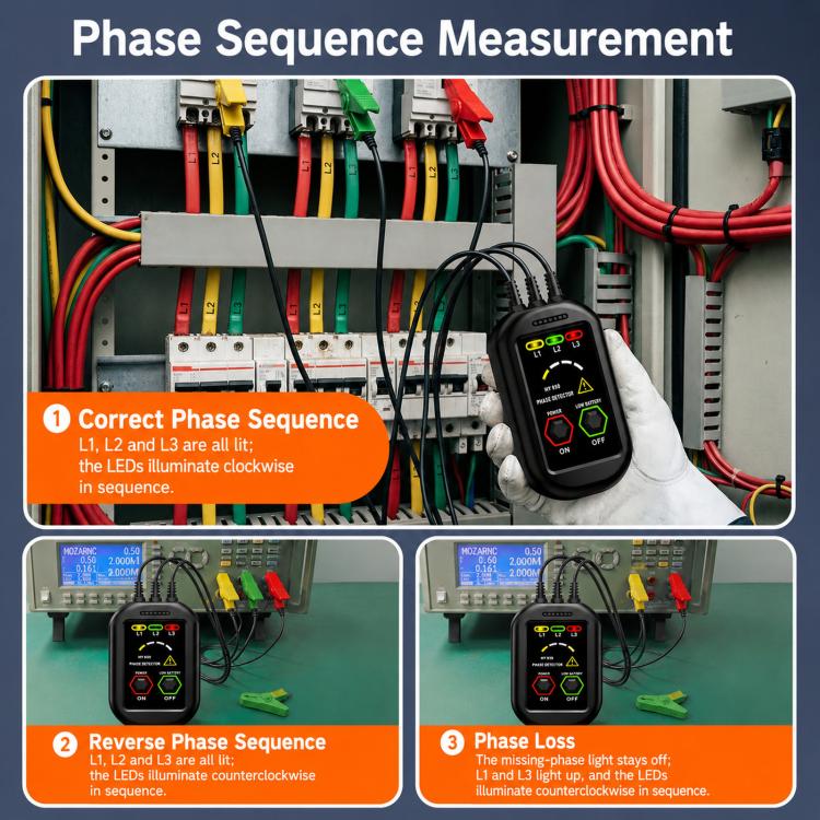 HY850 Non-Contact Phase Sequence Detector AC 60V-1000V 3-Phase Rotation Tester with Magnetic Back