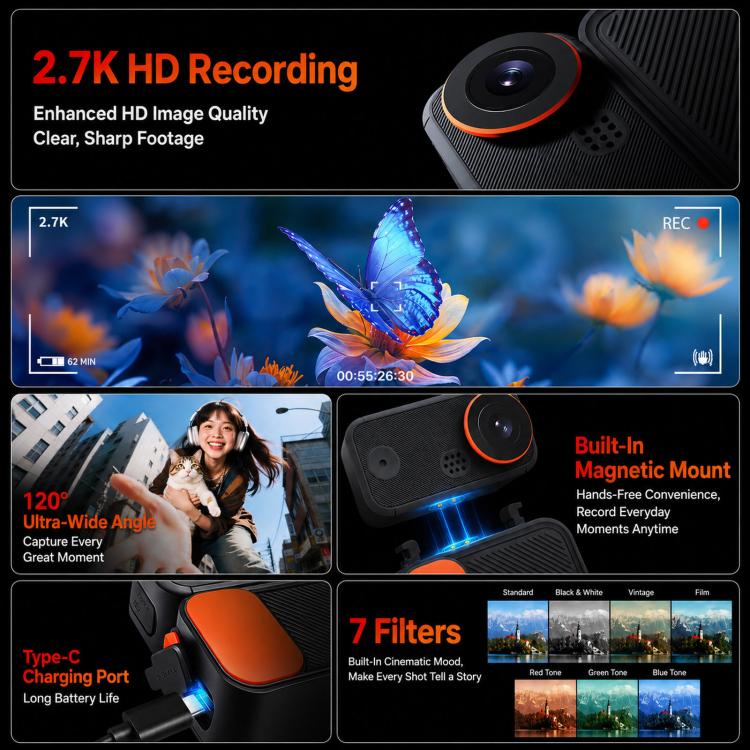 SC05 Mini Magnetic Action Camera 2K HD Thumb Vlog Video Camcorder With 120 Wide Angle And 1.45 Screen