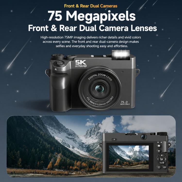 WD07 Dual 75MP Front Rear Camera Wi-Fi HD Digital Camera CCD Selfie 5K Mirrorless Camera